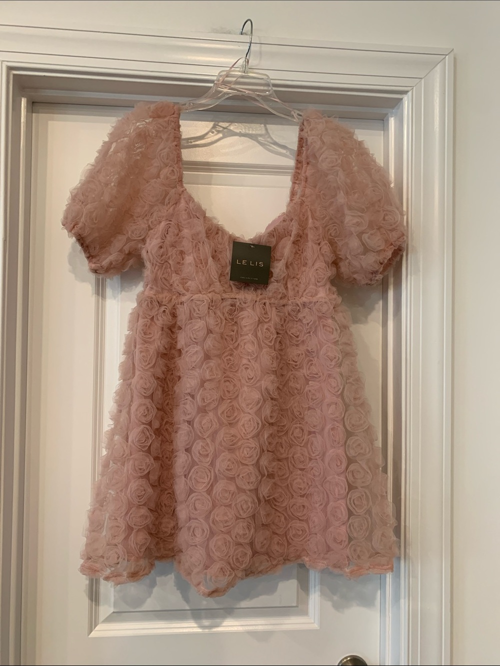 Le Lis Girls' Blush Pink Rosette Puff-Sleeve baby doll semi formal Dress M NWT